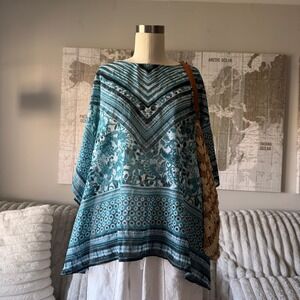 Claudia Richard Womens Teal Floral Chevron Sheer Poncho Blouse Large Kimono Top